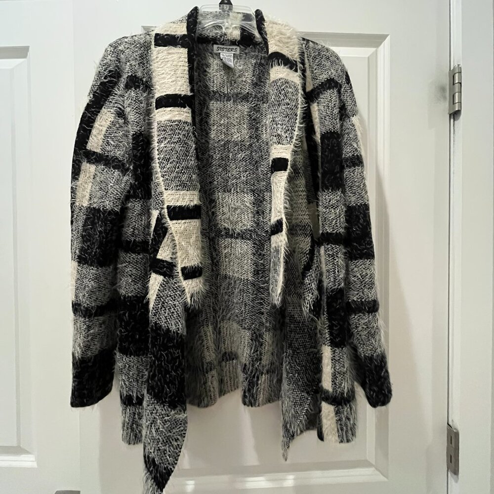 Sisters Open Front Black & White Fuzzy Cardigan